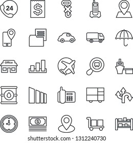 Thin Line Icon Set - route vector, pin, store, plane, cash, office phone, 24 hours, mobile tracking, car delivery, clock, receipt, sea port, consolidated cargo, folder document, umbrella, no hook