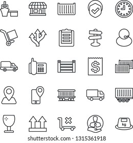 Thin Line Icon Set - route vector, signpost, navigation, railroad, store, office phone, support, client, mobile tracking, truck trailer, cargo container, car delivery, clock, receipt, sea port