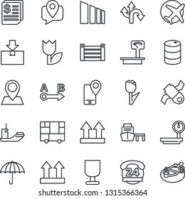 Thin Line Icon Set - route vector, pin, plane, satellite, 24 hours, mobile tracking, sea shipping, receipt, port, container, consolidated cargo, fragile, umbrella, up side sign, tulip, package