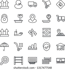 Thin Line Icon Set - route vector, navigation, pin, support, sea shipping, truck trailer, cargo container, car delivery, umbrella, up side sign, no trolley, warehouse, sorting, shield, heavy, scales