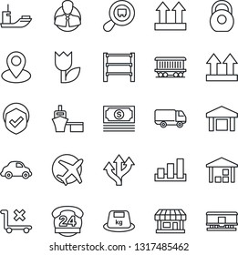 Thin Line Icon Set - route vector, pin, railroad, store, plane, cash, 24 hours, client, sea shipping, car delivery, port, up side sign, no trolley, tulip, warehouse, sorting, shield, heavy, rack