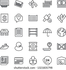 Thin Line Icon Set - route vector, earth, store, satellite, cash, 24 hours, support, client, mobile tracking, sea shipping, truck trailer, cargo container, term, receipt, clipboard, umbrella, rack