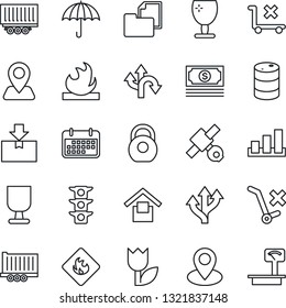 Thin Line Icon Set - route vector, navigation, pin, satellite, cash, traffic light, truck trailer, term, folder document, fragile, umbrella, warehouse storage, no trolley, tulip, package, sorting