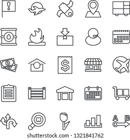 Thin Line Icon Set - route vector, pin, important flag, store, plane, satellite, cash, support, term, receipt, container, consolidated cargo, clipboard, warehouse storage, tulip, package, sorting