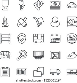 Thin Line Icon Set - route vector, store, satellite, cash, office phone, 24 hours, support, sea shipping, truck trailer, car delivery, term, container, consolidated cargo, clipboard, folder document