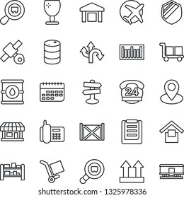 Thin Line Icon Set - route vector, signpost, pin, store, plane, satellite, office phone, 24 hours, term, container, clipboard, fragile, cargo, warehouse storage, up side sign, shield, oil barrel