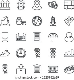 Thin Line Icon Set - route vector, earth, pin, railroad, cash, traffic light, office phone, support, sea shipping, clock, term, port, consolidated cargo, clipboard, fragile, umbrella, up side sign