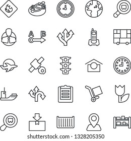 Thin Line Icon Set - route vector, navigation, earth, plane, satellite, traffic light, office phone, client, sea shipping, cargo container, clock, consolidated, clipboard, warehouse storage, tulip