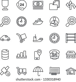 Thin Line Icon Set - route vector, store, satellite, cash, 24 hours, client, mobile tracking, sea shipping, truck trailer, car delivery, clock, folder document, fragile, cargo, umbrella, sorting