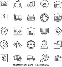 Thin Line Icon Set - route vector, earth, pin, important flag, plane, cash, 24 hours, truck trailer, car delivery, clock, term, receipt, folder document, cargo, warehouse, sorting, shield, flammable