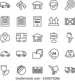 Thin Line Icon Set - route vector, signpost, 24 hours, mobile tracking, car delivery, container, consolidated cargo, clipboard, folder document, up side sign, tulip, warehouse, shield, heavy, search