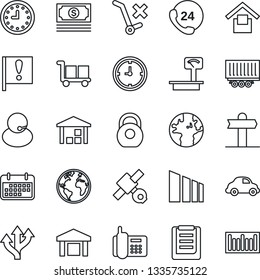 Thin Line Icon Set - route vector, signpost, earth, important flag, satellite, cash, office phone, 24 hours, support, truck trailer, car delivery, clock, term, clipboard, cargo, warehouse storage