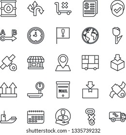 Thin Line Icon Set - route vector, earth, pin, important flag, store, satellite, client, sea shipping, clock, term, receipt, consolidated cargo, up side sign, no trolley, hook, tulip, package