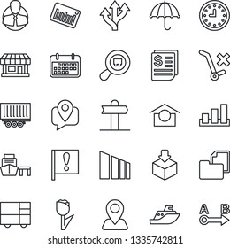 Thin Line Icon Set - route vector, signpost, navigation, important flag, store, client, mobile tracking, sea shipping, truck trailer, clock, term, receipt, port, consolidated cargo, folder document