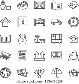 Thin Line Icon Set - route vector, earth, important flag, plane, cash, office phone, cargo container, car delivery, clock, receipt, sea port, consolidated, umbrella, warehouse storage, up side sign