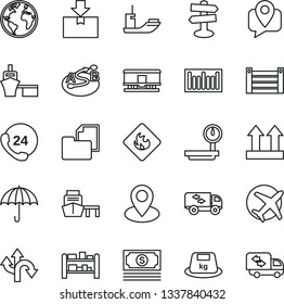 Thin Line Icon Set - route vector, signpost, earth, pin, plane, cash, 24 hours, mobile tracking, sea shipping, port, container, folder document, umbrella, up side sign, package, heavy, flammable