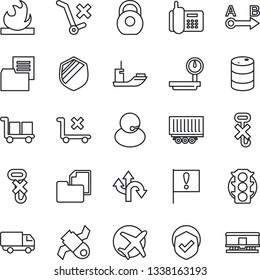 Thin Line Icon Set - route vector, important flag, plane, satellite, traffic light, office phone, support, sea shipping, truck trailer, car delivery, folder document, cargo, no trolley, hook, shield