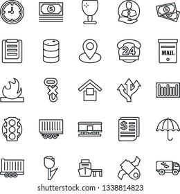 Thin Line Icon Set - route vector, pin, satellite, cash, traffic light, 24 hours, client, truck trailer, clock, receipt, sea port, clipboard, fragile, umbrella, warehouse storage, no hook, tulip