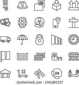 Thin Line Icon Set - route vector, signpost, important flag, store, cash, traffic light, 24 hours, client, mobile tracking, cargo container, car delivery, clock, sea port, folder document, umbrella