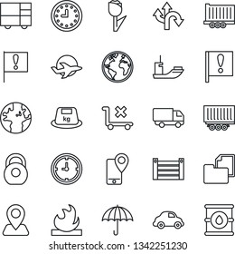 Thin Line Icon Set - route vector, navigation, earth, important flag, plane, mobile tracking, sea shipping, truck trailer, car delivery, clock, container, consolidated cargo, folder document, tulip