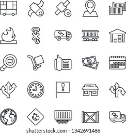 Thin Line Icon Set - route vector, earth, pin, railroad, important flag, store, satellite, cash, office phone, truck trailer, cargo container, clock, term, consolidated, no hook, warehouse, search