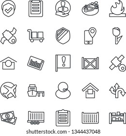 Thin Line Icon Set - route vector, important flag, plane, satellite, cash, support, client, mobile tracking, truck trailer, cargo container, sea port, clipboard, warehouse storage, tulip, shield