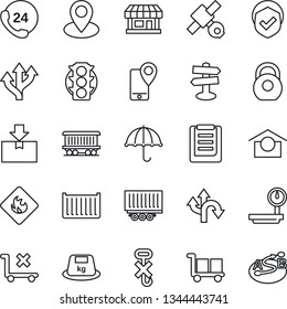 Thin Line Icon Set - route vector, signpost, pin, railroad, store, satellite, traffic light, 24 hours, mobile tracking, truck trailer, cargo container, clipboard, umbrella, warehouse storage, hook