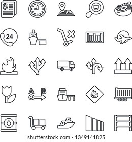 Thin Line Icon Set - route vector, navigation, plane, 24 hours, sea shipping, truck trailer, car delivery, clock, receipt, port, cargo, up side sign, no trolley, tulip, sorting, flammable, search