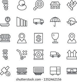 Thin Line Icon Set - route vector, navigation, pin, railroad, store, plane, satellite, support, truck trailer, car delivery, receipt, consolidated cargo, fragile, umbrella, up side sign, no trolley
