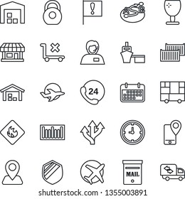 Thin Line Icon Set - route vector, navigation, important flag, store, plane, 24 hours, support, mobile tracking, cargo container, clock, term, sea port, consolidated, fragile, no trolley, shield