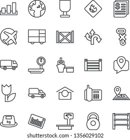 Thin Line Icon Set - route vector, navigation, earth, plane, office phone, mobile tracking, car delivery, receipt, sea port, container, consolidated cargo, fragile, warehouse storage, no hook, tulip