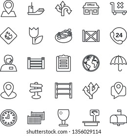 Thin Line Icon Set - route vector, signpost, earth, pin, store, 24 hours, support, mobile tracking, sea shipping, cargo container, clock, clipboard, fragile, umbrella, no trolley, tulip, flammable