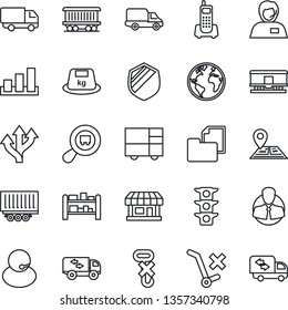 Thin Line Icon Set - route vector, navigation, earth, railroad, store, traffic light, office phone, support, client, truck trailer, car delivery, consolidated cargo, folder document, no trolley