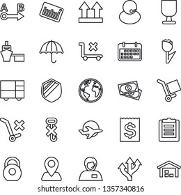 Thin Line Icon Set - route vector, navigation, earth, plane, cash, support, term, receipt, sea port, consolidated cargo, clipboard, fragile, umbrella, up side sign, no trolley, hook, tulip, shield