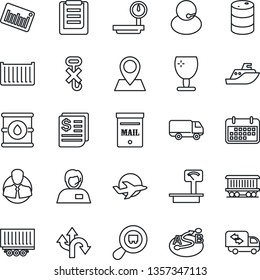 Thin Line Icon Set - route vector, pin, railroad, plane, support, client, sea shipping, truck trailer, cargo container, car delivery, term, receipt, clipboard, fragile, no hook, oil barrel, search