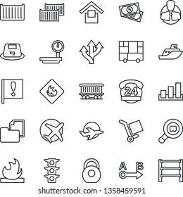 Thin Line Icon Set - route vector, railroad, important flag, plane, cash, traffic light, 24 hours, client, sea shipping, cargo container, consolidated, folder document, warehouse storage, sorting