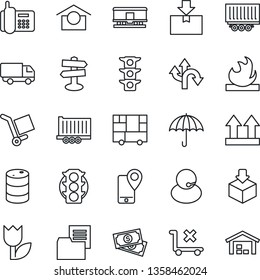 Thin Line Icon Set - route vector, signpost, cash, traffic light, office phone, support, mobile tracking, truck trailer, car delivery, consolidated cargo, folder document, umbrella, up side sign
