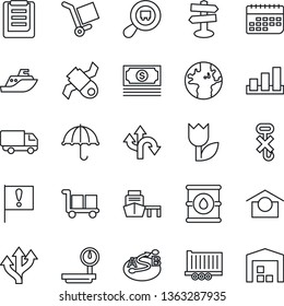 Thin Line Icon Set - route vector, signpost, earth, important flag, satellite, cash, sea shipping, truck trailer, car delivery, term, port, clipboard, cargo, umbrella, warehouse storage, no hook