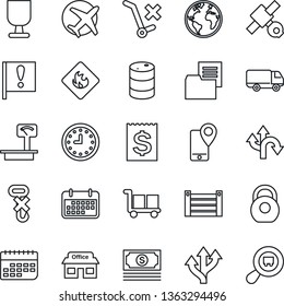 Thin Line Icon Set - route vector, earth, important flag, store, plane, satellite, cash, mobile tracking, car delivery, clock, term, receipt, container, folder document, fragile, cargo, no trolley
