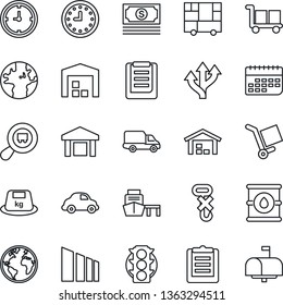 Thin Line Icon Set - route vector, earth, cash, traffic light, car delivery, clock, term, sea port, consolidated cargo, clipboard, no hook, warehouse, sorting, heavy, oil barrel, search, mailbox