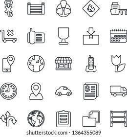 Thin Line Icon Set - route vector, navigation, earth, store, office phone, client, mobile tracking, car delivery, clock, term, receipt, sea port, container, clipboard, folder document, fragile, hook