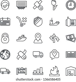 Thin Line Icon Set - route vector, navigation, earth, satellite, cash, office phone, mobile tracking, sea shipping, truck trailer, car delivery, clock, term, no trolley, tulip, sorting, shield, rack