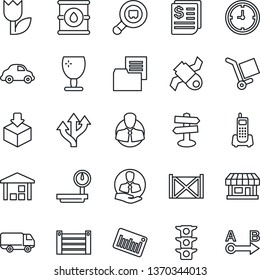 Thin Line Icon Set - route vector, signpost, store, satellite, traffic light, office phone, client, car delivery, clock, receipt, container, folder document, fragile, cargo, tulip, warehouse, search