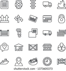 Thin Line Icon Set - route vector, pin, store, traffic light, client, mobile tracking, sea shipping, cargo container, car delivery, clock, term, clipboard, folder document, up side sign, no hook