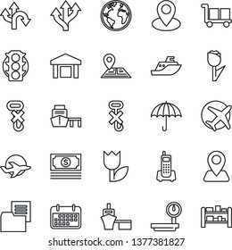 Thin Line Icon Set - route vector, navigation, earth, pin, plane, cash, traffic light, office phone, sea shipping, term, port, folder document, cargo, umbrella, no hook, tulip, warehouse, rack