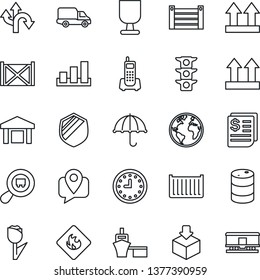 Thin Line Icon Set - route vector, earth, traffic light, office phone, mobile tracking, cargo container, car delivery, clock, receipt, sea port, fragile, umbrella, up side sign, tulip, warehouse