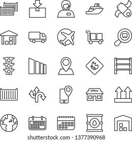 Thin Line Icon Set - route vector, earth, pin, store, plane, satellite, traffic light, support, mobile tracking, sea shipping, cargo container, car delivery, term, up side sign, warehouse, package