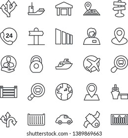 Thin Line Icon Set - route vector, signpost, navigation, earth, pin, plane, satellite, 24 hours, support, client, sea shipping, cargo container, car delivery, port, warehouse, sorting, heavy, search