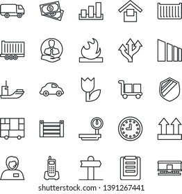 Thin Line Icon Set - route vector, signpost, cash, office phone, support, client, sea shipping, truck trailer, cargo container, car delivery, clock, consolidated, clipboard, warehouse storage, tulip