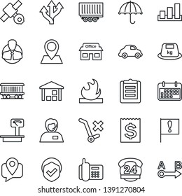 Thin Line Icon Set - route vector, pin, railroad, important flag, store, satellite, office phone, 24 hours, support, client, mobile tracking, truck trailer, car delivery, term, receipt, clipboard